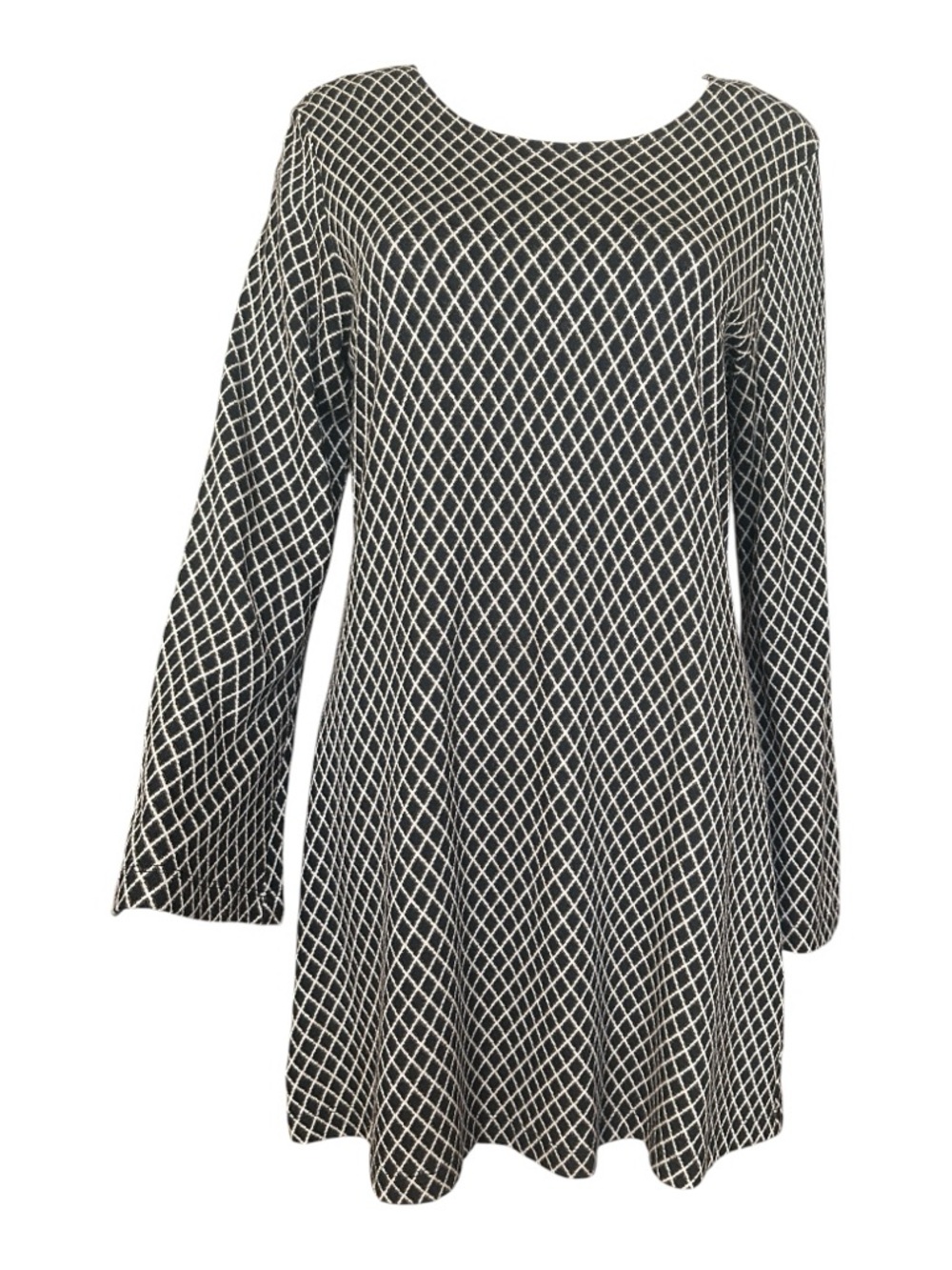 Bryn Walker Black Olive and Cream Diamond Print Long Sleeve Tunic Top Mini Dress